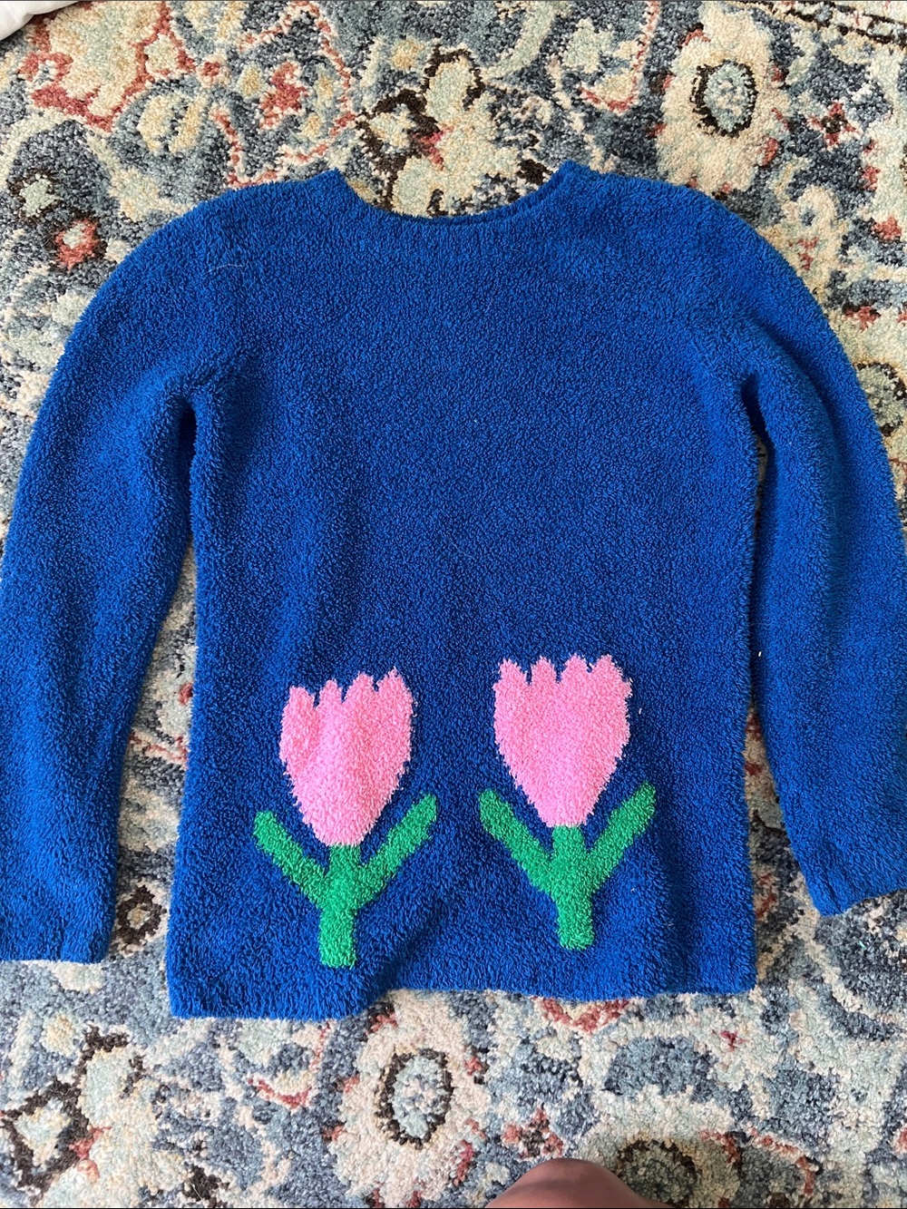 Cozy Blue Sweater with Pink Tulip Motif - Girls